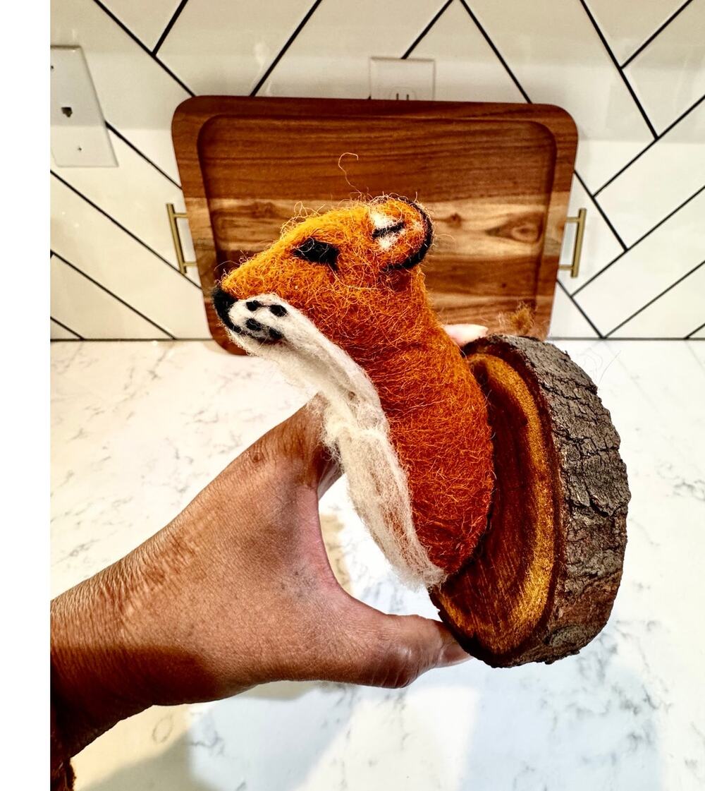 handmade needle-felt wool fox head faux taxidermy wall mount wood backing art
